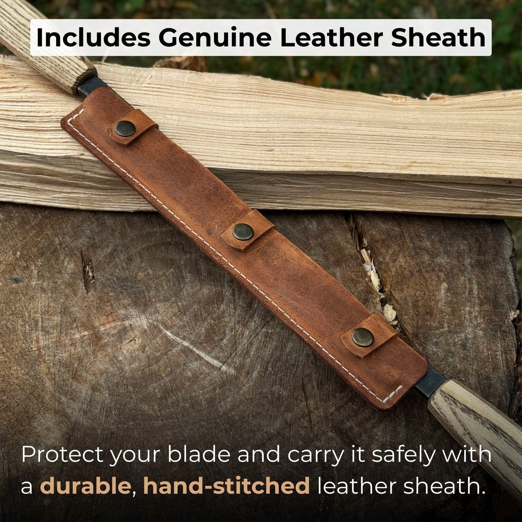 Straight Drawknife with Leather Sheath, 25 cm (9.84 inches) detail view by Sharky Forged Steel Tools