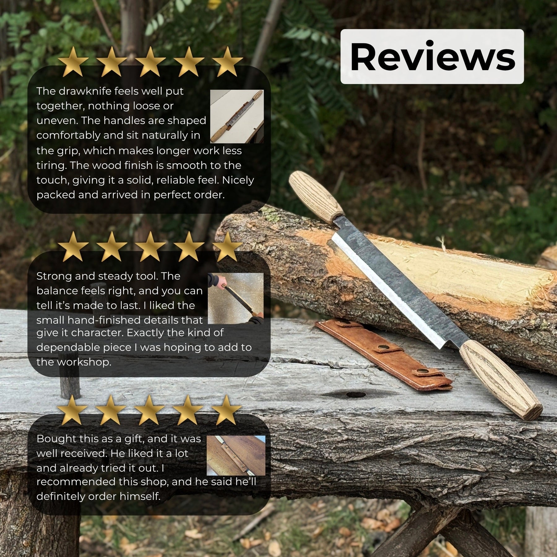 Straight Drawknife with Leather Sheath, 25 cm (9.84 inches) detail view by Sharky Forged Steel Tools