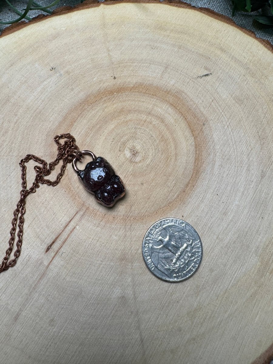 Strawberry Quartz Hello Kitty Necklace detail view by Copper Ashes