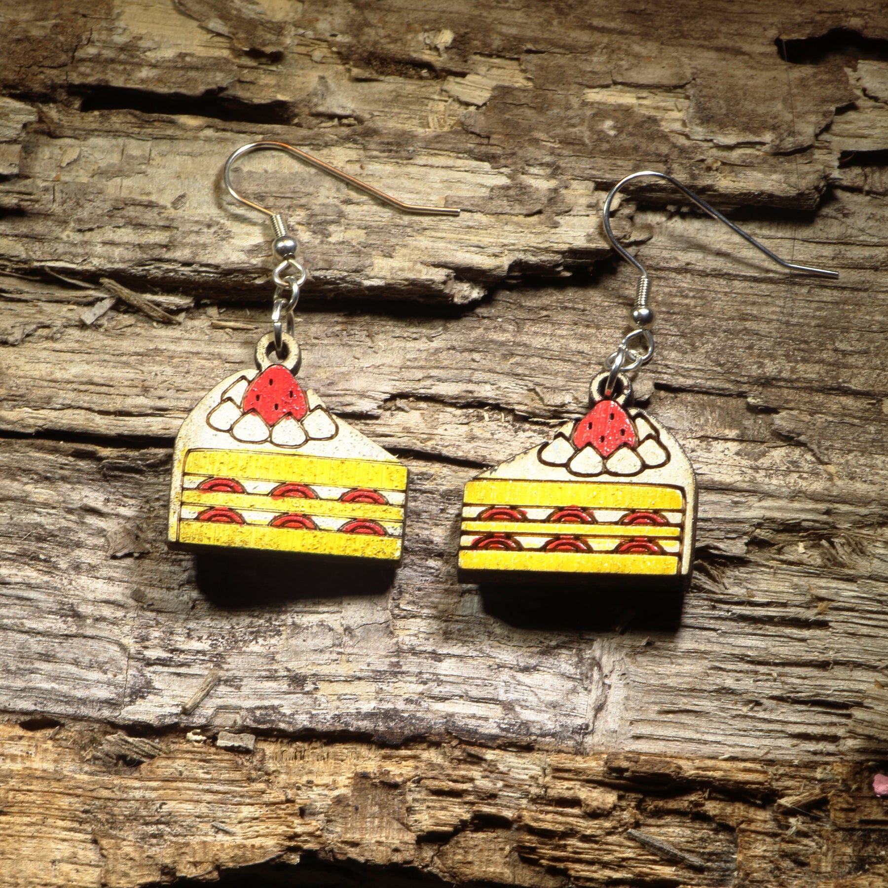 Strawberry Shortcake Wooden Earrings | Dessert Food Jewelry by Cate's Concepts, LLC