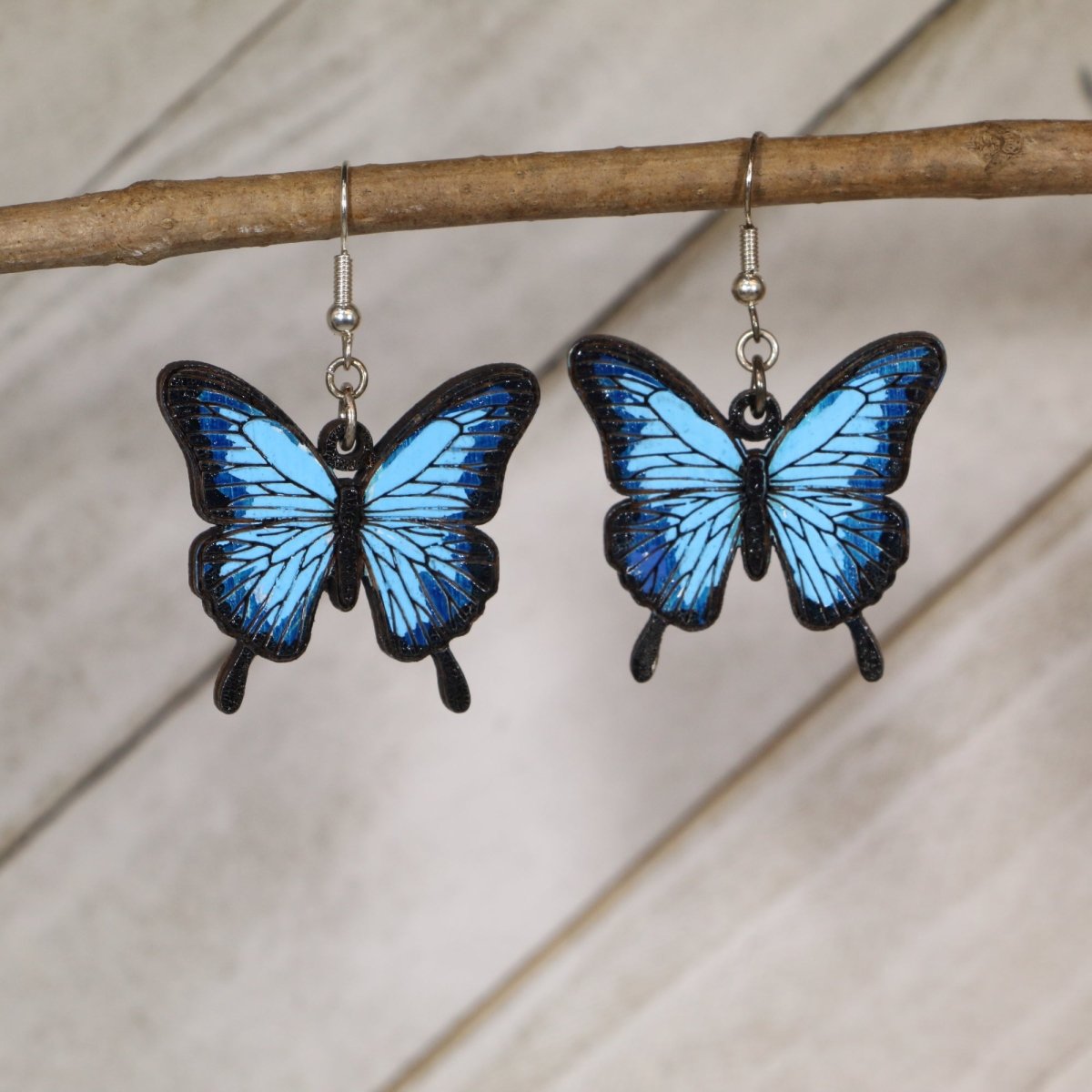 Blue Morpho Butterfly Wooden Earrings | Tropical Insect Jewelry by Cate's Concepts, LLC, handmade jewelry main product photo