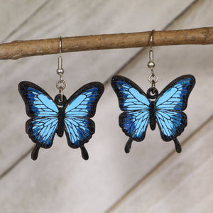 Blue Morpho Butterfly Wooden Earrings | Tropical Insect Jewelry detail view by Cate's Concepts, LLC