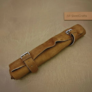 5-Piece Handmade Damascus Kitchen Knife Set with Red Pakka Wood Handles by JW SteelCrafts, Damascus knife detail photo 6