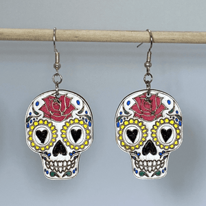 Sugar Skull Wooden Dangle Earrings | Day of the Dead Jewelry detail view by Cate's Concepts, LLC