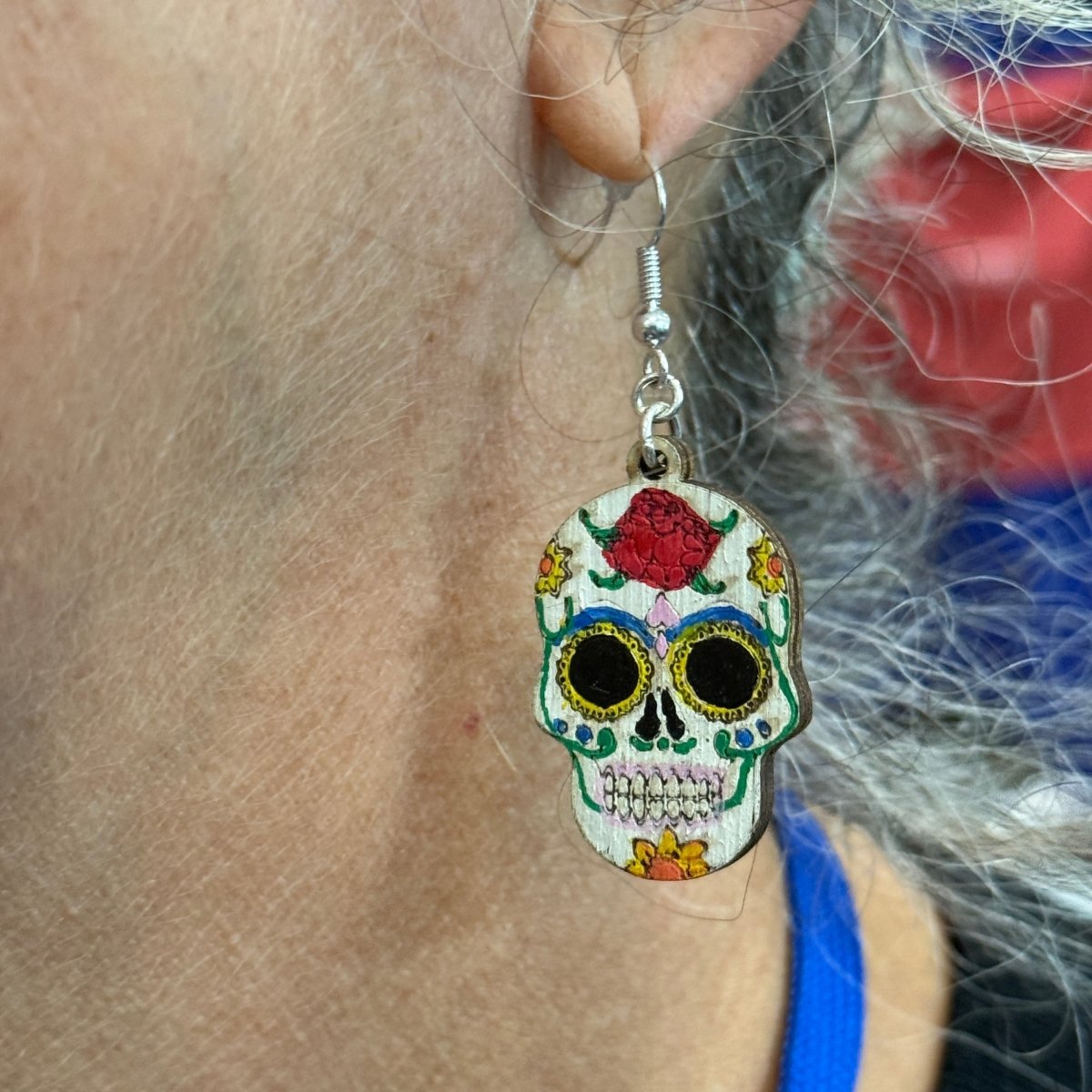 Sugar Skull Wooden Dangle Earrings | Day of the Dead Jewelry by Cate's Concepts, LLC, handmade jewelry detail photo 4