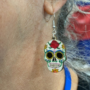 Sugar Skull Wooden Dangle Earrings | Day of the Dead Jewelry by Cate's Concepts, LLC, handmade jewelry detail photo 4