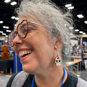 Sugar Skull Wooden Dangle Earrings | Day of the Dead Jewelry detail view by Cate's Concepts, LLC