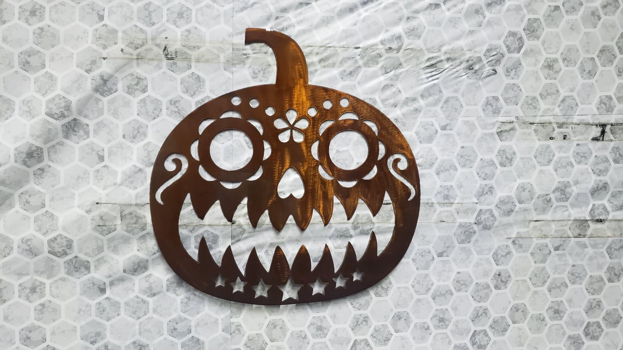 Sugar Skull Jack-o’-Lantern Wall Art – Day of the Dead Halloween Decor – Plasma Cut 14ga Steel Pumpkin Sign – 12x12 Inch Outdoor Decoration