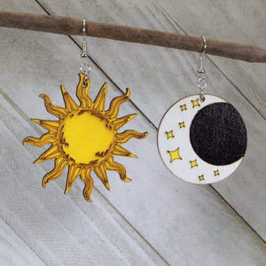 Sun and Moon Wooden Dangle Earrings | Celestial Jewelry