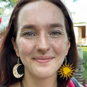 Sun and Moon Wooden Dangle Earrings | Celestial Jewelry