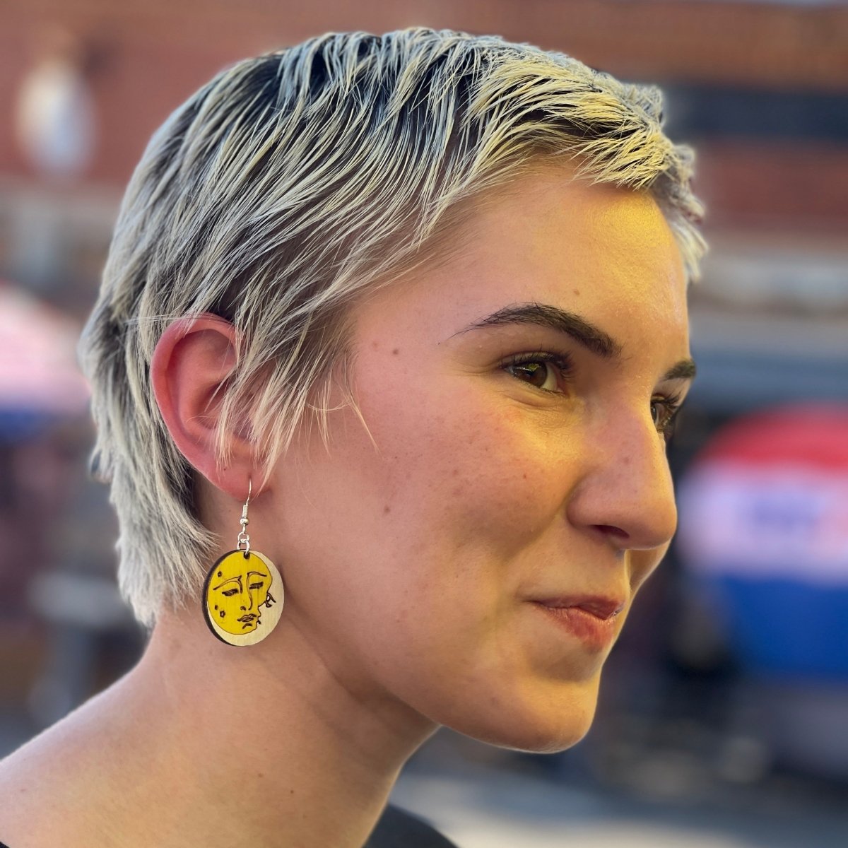 Sun and Moon Wooden Dangle Earrings | Celestial Yin Yang Jewelry detail view by Cate's Concepts, LLC