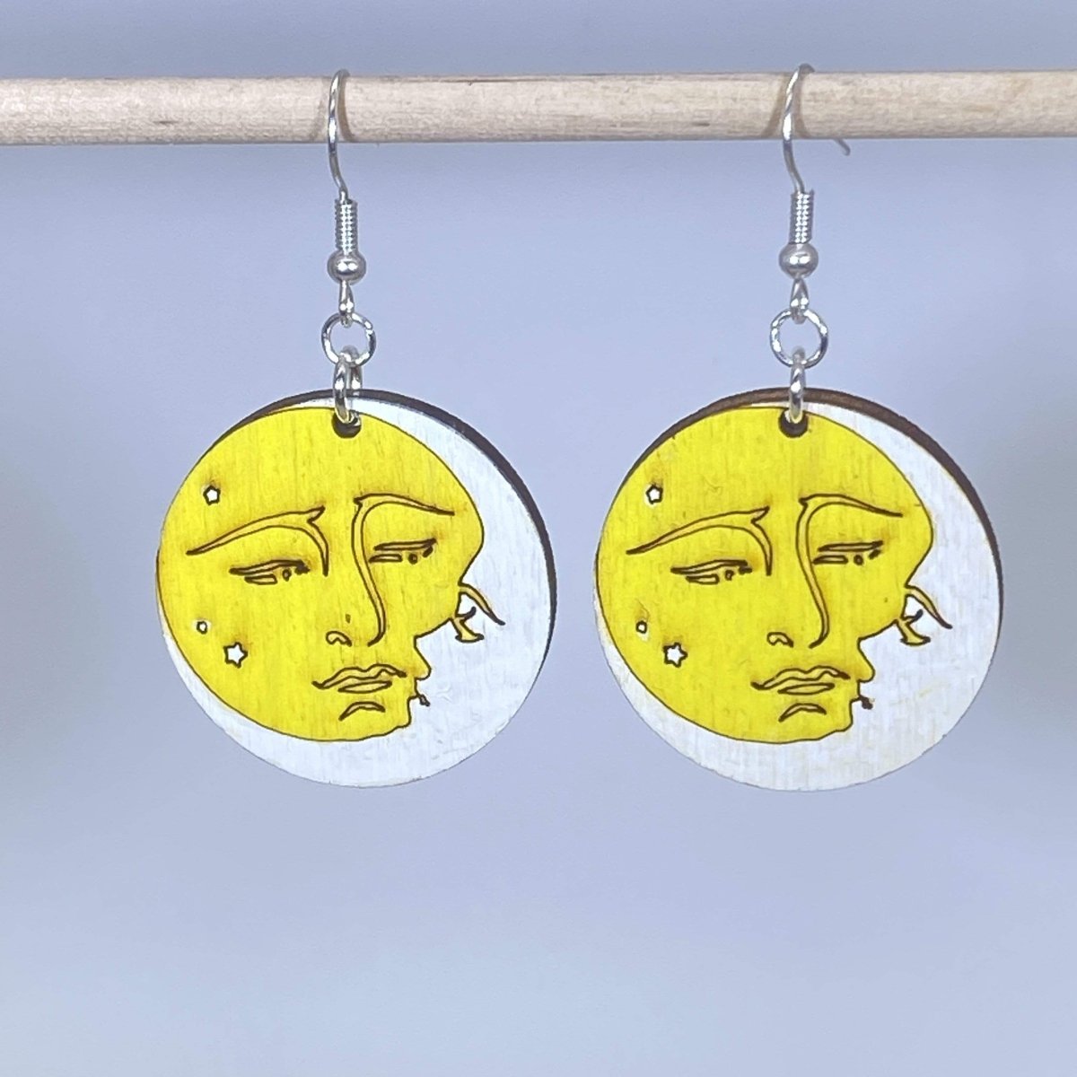 Sun and Moon Wooden Dangle Earrings | Celestial Yin Yang Jewelry