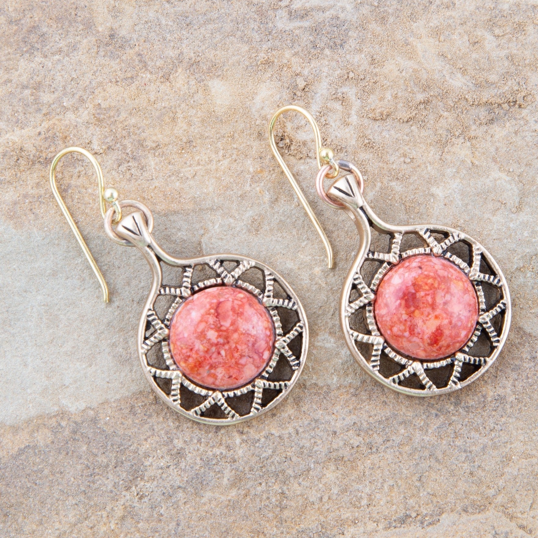 Sun Orange Sponge Coral Golden Drop Earrings detail view by Barse Jewelry