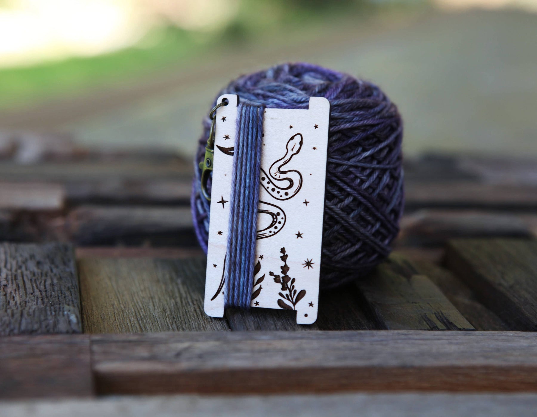 Crescent Moon & Stars Snake WPI Ruler with Forest Plants Yarn Gauge Tools by Mountaintop Yarn