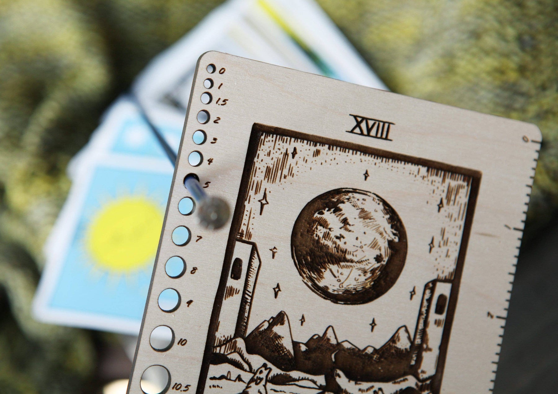Maple Wood Moon Tarot Card Knitting Needle Gauge & 5" Ruler detail view 2 by Mountaintop Yarn