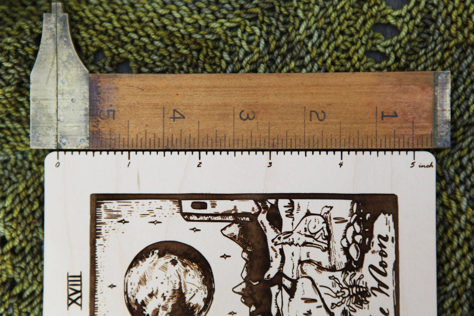 Maple Wood Moon Tarot Card Knitting Needle Gauge & 5" Ruler detail view 3 by Mountaintop Yarn