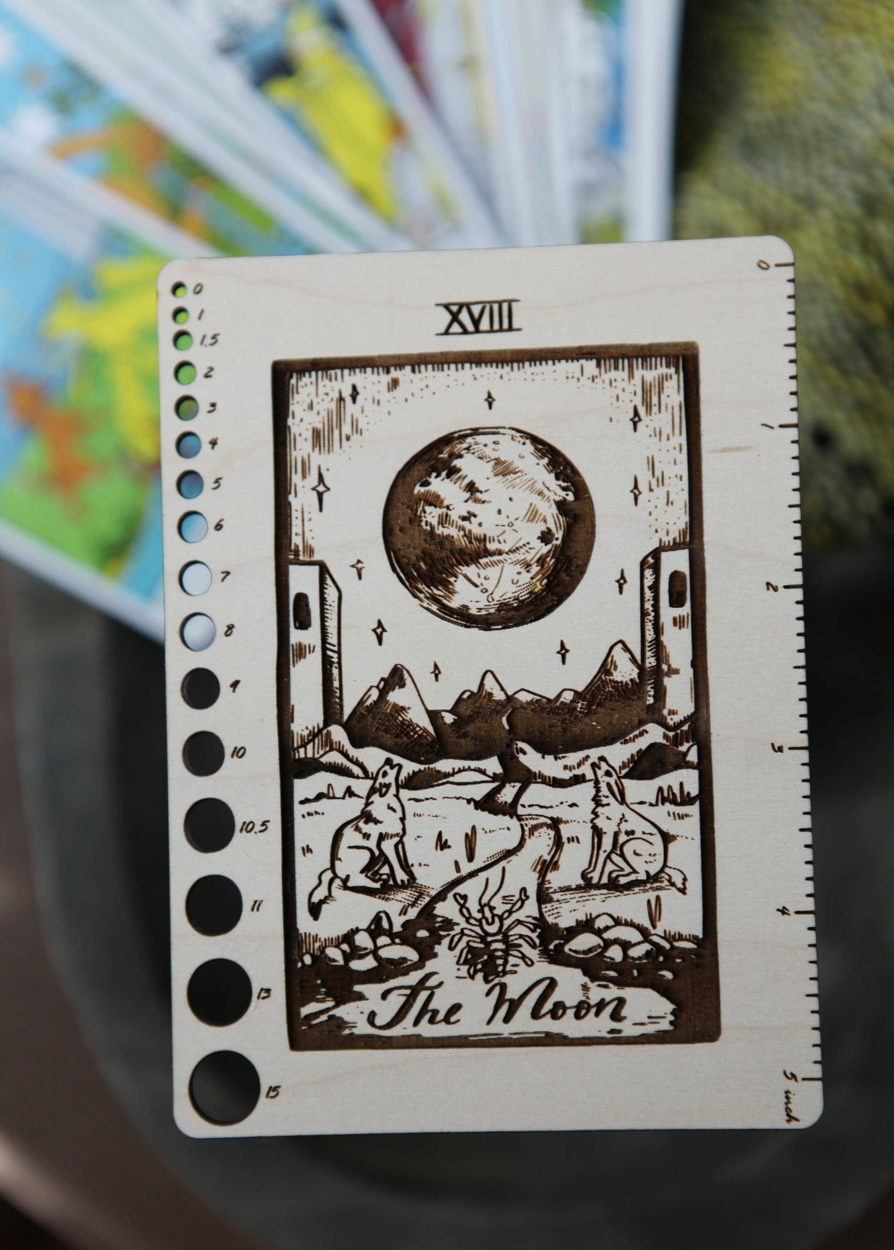 Maple Wood Moon Tarot Card Knitting Needle Gauge & 5" Ruler detail view 4 by Mountaintop Yarn