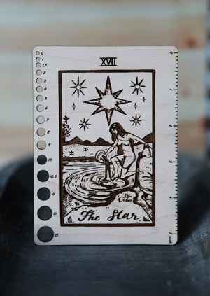 Maple Wood Moon Tarot Card Knitting Needle Gauge & 5" Ruler detail view 6 by Mountaintop Yarn