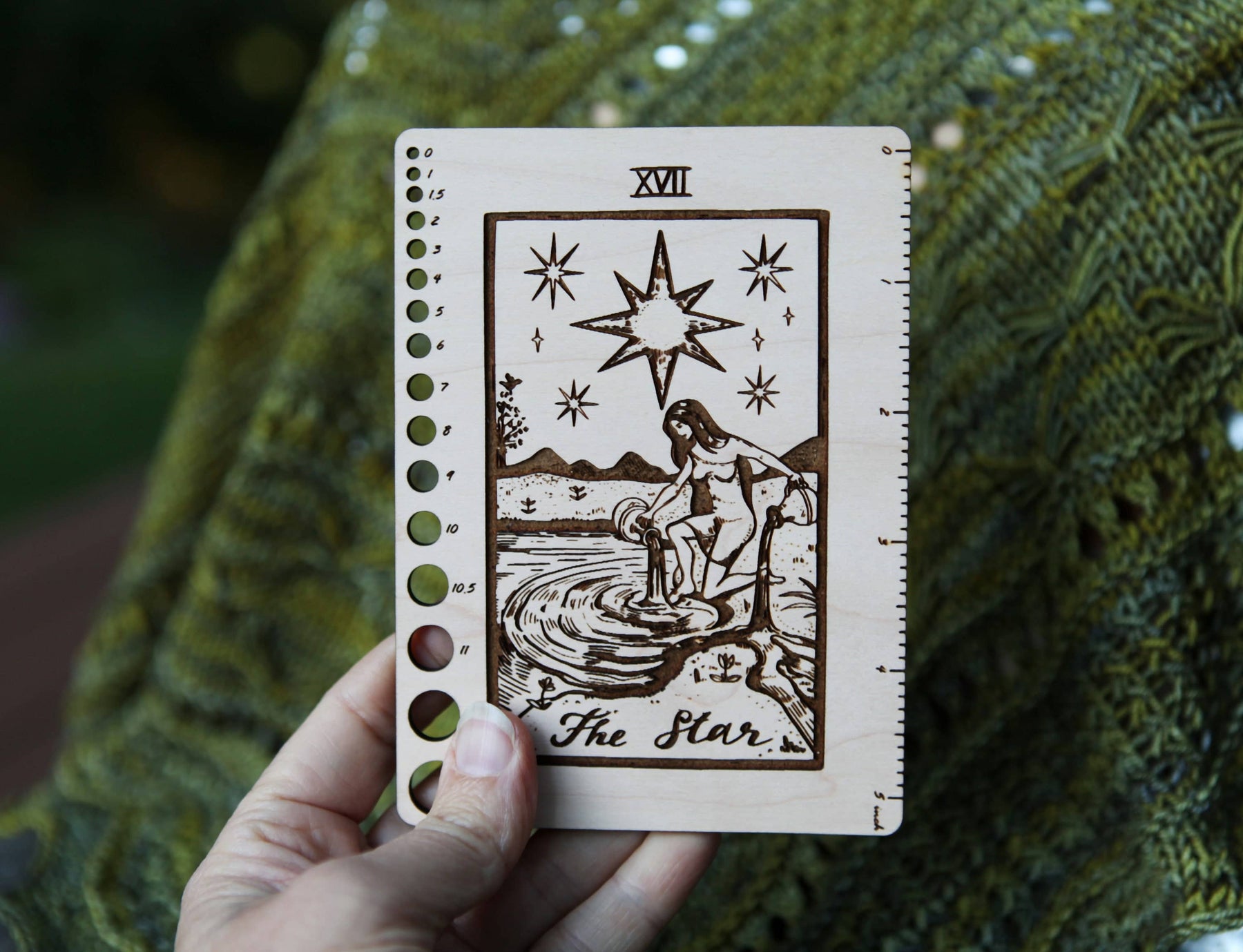 Maple Wood Moon Tarot Card Knitting Needle Gauge & 5" Ruler detail view 8 by Mountaintop Yarn
