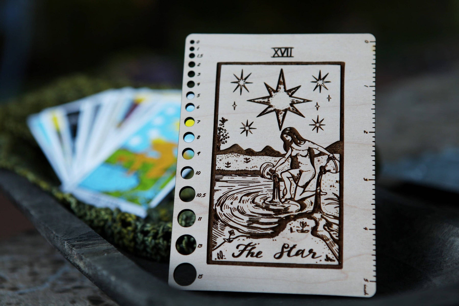 Maple Wood Moon Tarot Card Knitting Needle Gauge & 5" Ruler detail view 9 by Mountaintop Yarn