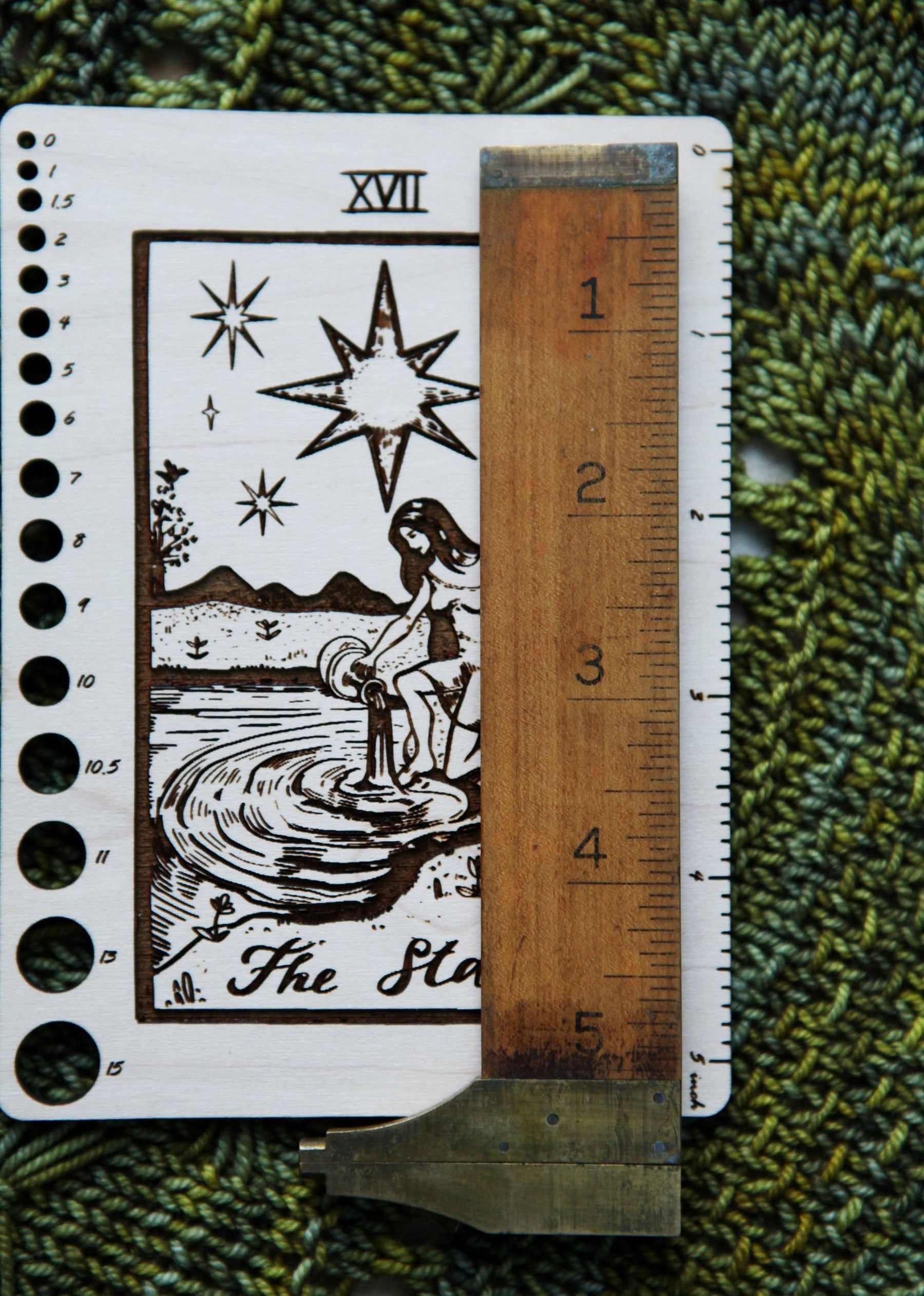 Maple Wood Moon Tarot Card Knitting Needle Gauge & 5" Ruler detail view 10 by Mountaintop Yarn