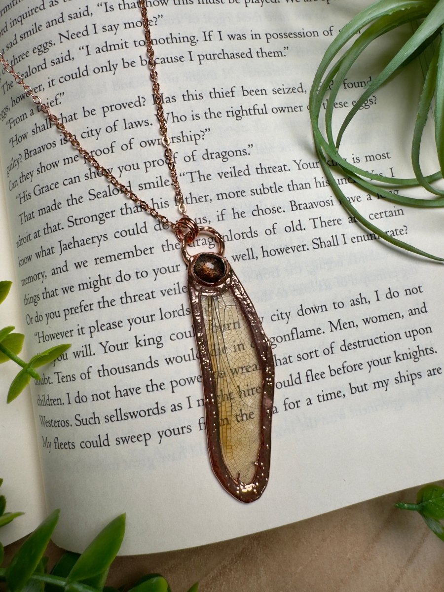 Sunstone and Dragonfly Wing Necklace detail view by Copper Ashes