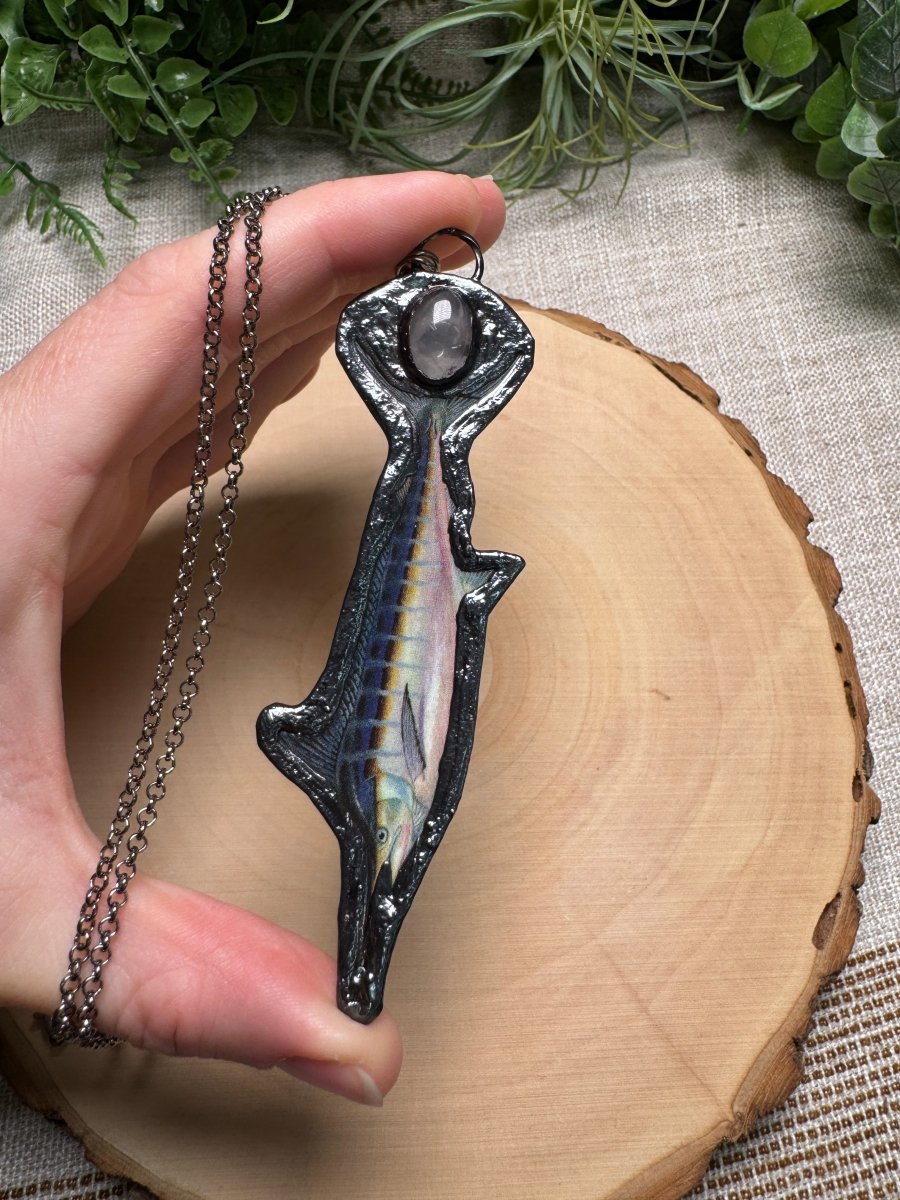 Swordfish and Rose Quartz Necklace detail view by Copper Ashes