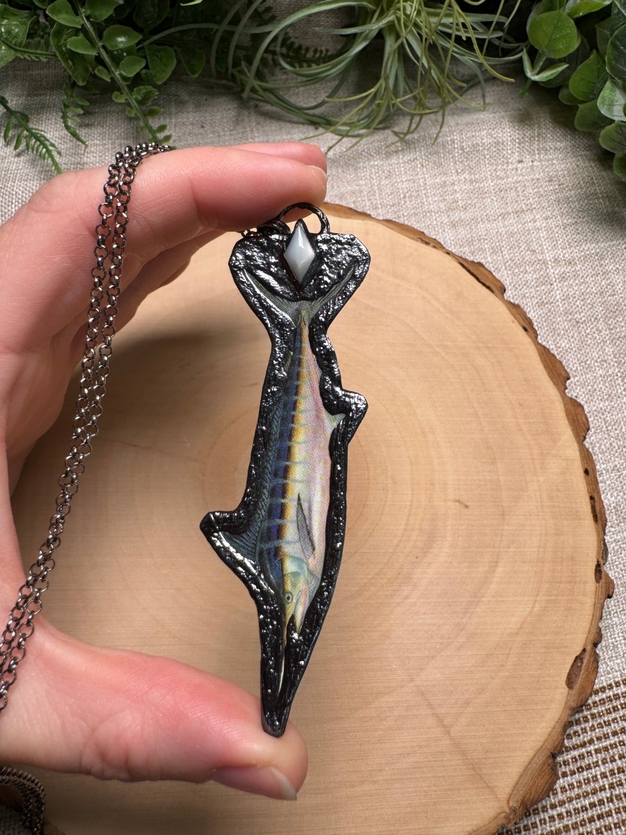 Swordfish and Shell Necklace detail view by Copper Ashes