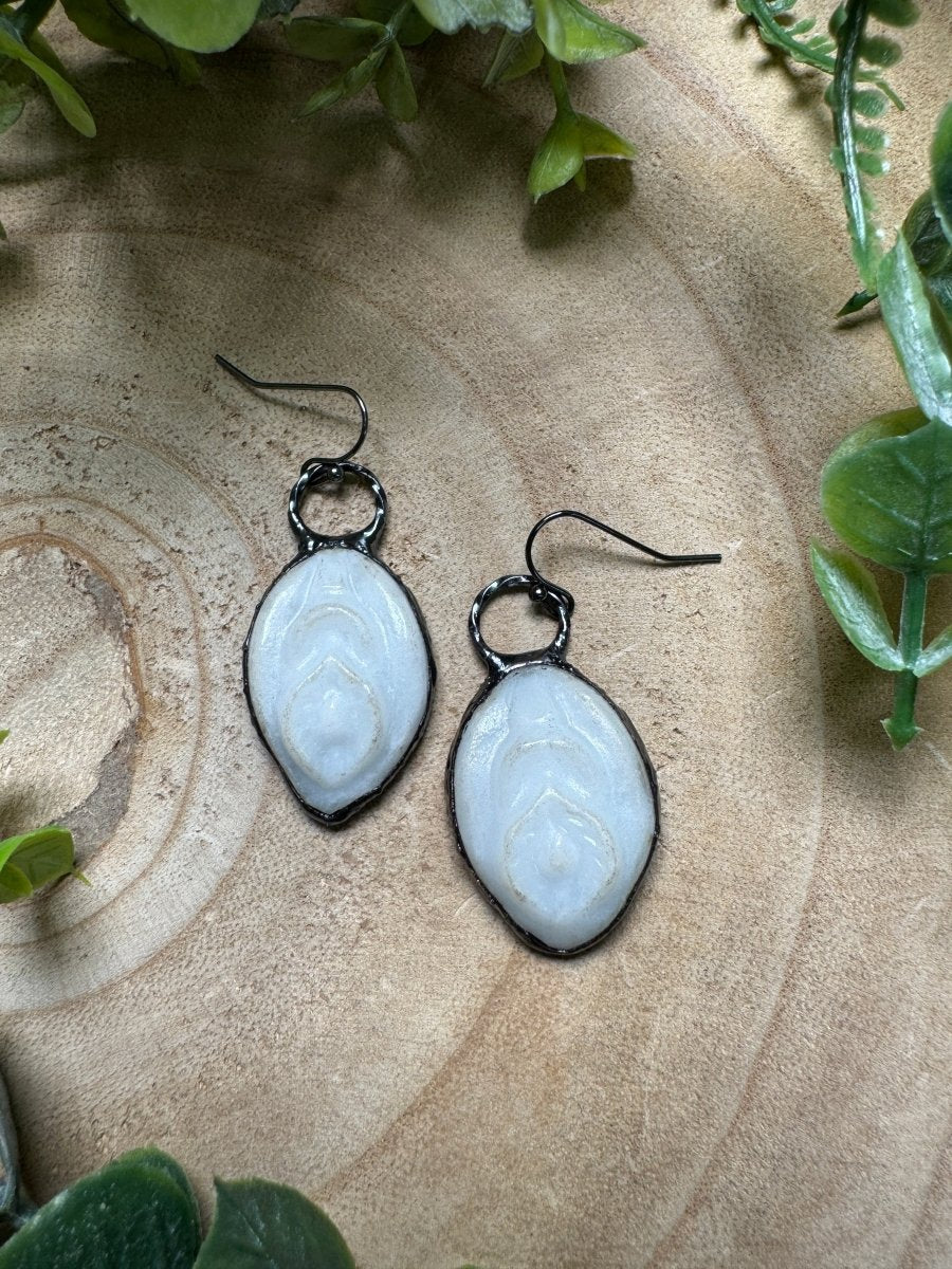 Synthetic White Jade Yoni Earrings (slight discoloration to stone) detail view by Copper Ashes