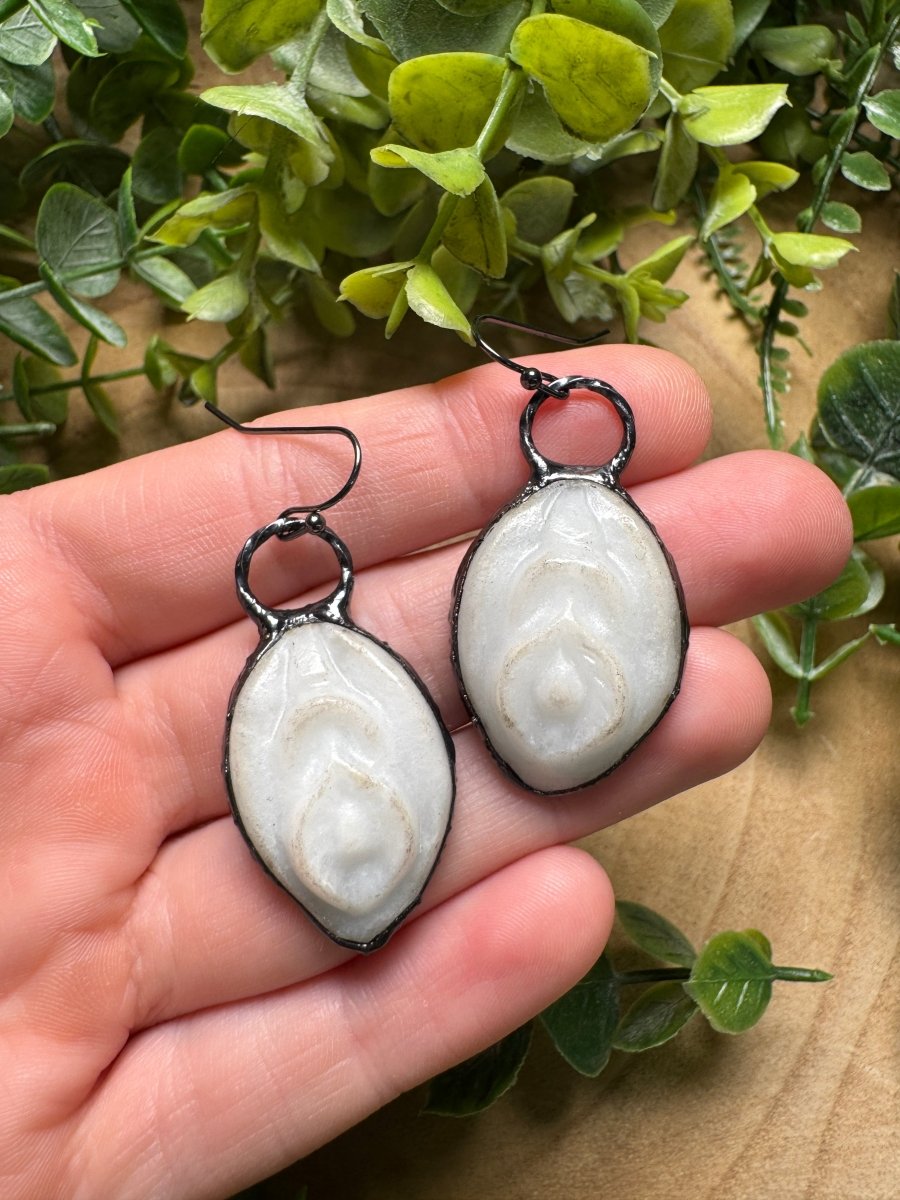 Synthetic White Jade Yoni Earrings (slight discoloration to stone) by Copper Ashes