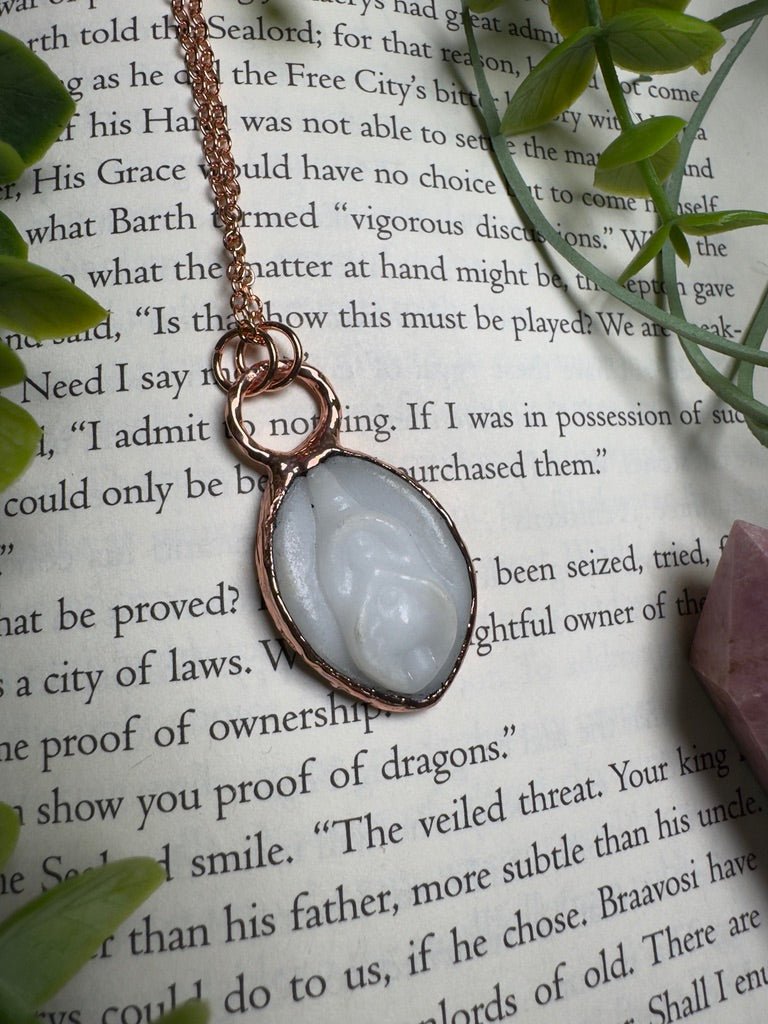 Synthetic White Jade Yoni Necklace detail view by Copper Ashes