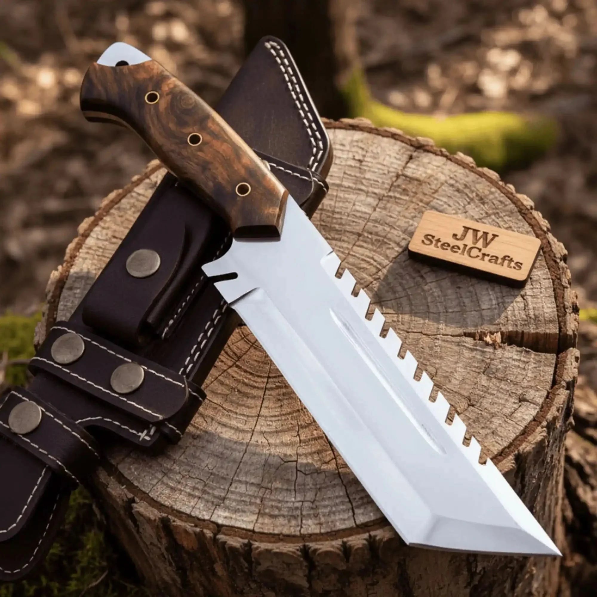 Tracker knife Full Tang Fixed Blade Knife – Stainless Steel Blade & Burl Wood Handle | JW SteelCrafts by JW SteelCrafts, Damascus knife main product photo