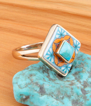 Talavera Tile Blue Turquoise Golden Ring detail view by Barse Jewelry