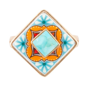 Talavera Tile Blue Turquoise Golden Ring detail view by Barse Jewelry