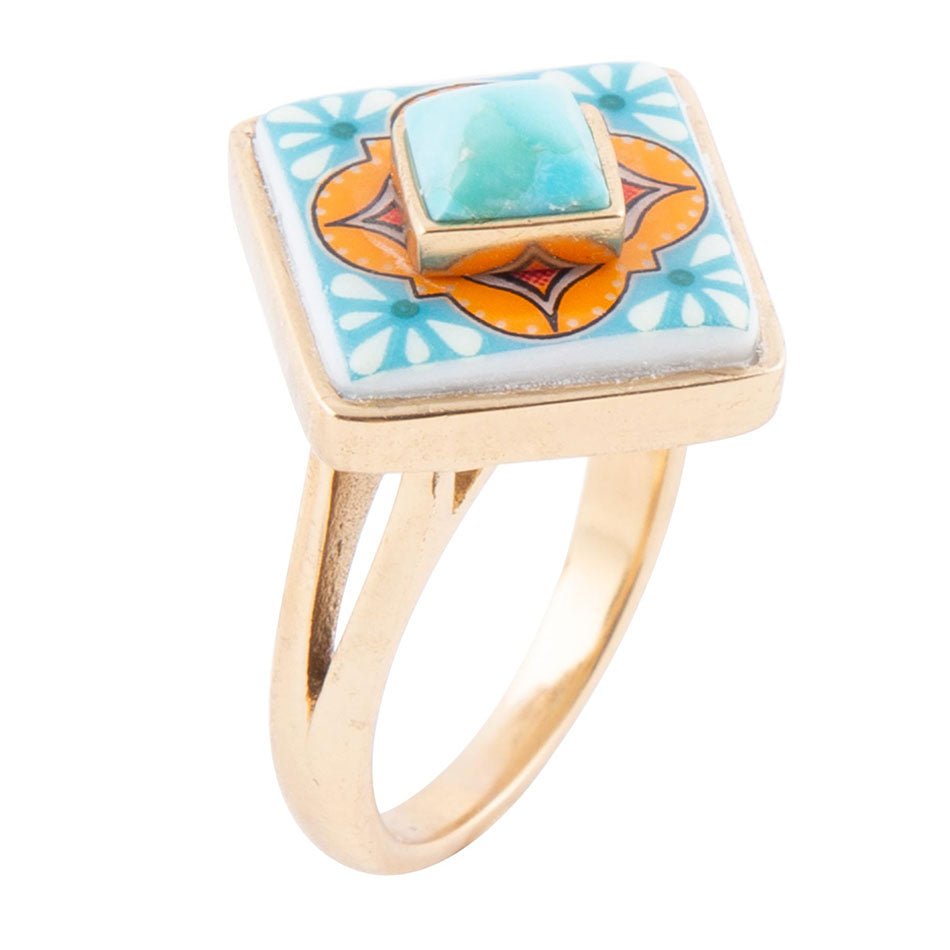 Talavera Tile Blue Turquoise Golden Ring by Barse Jewelry