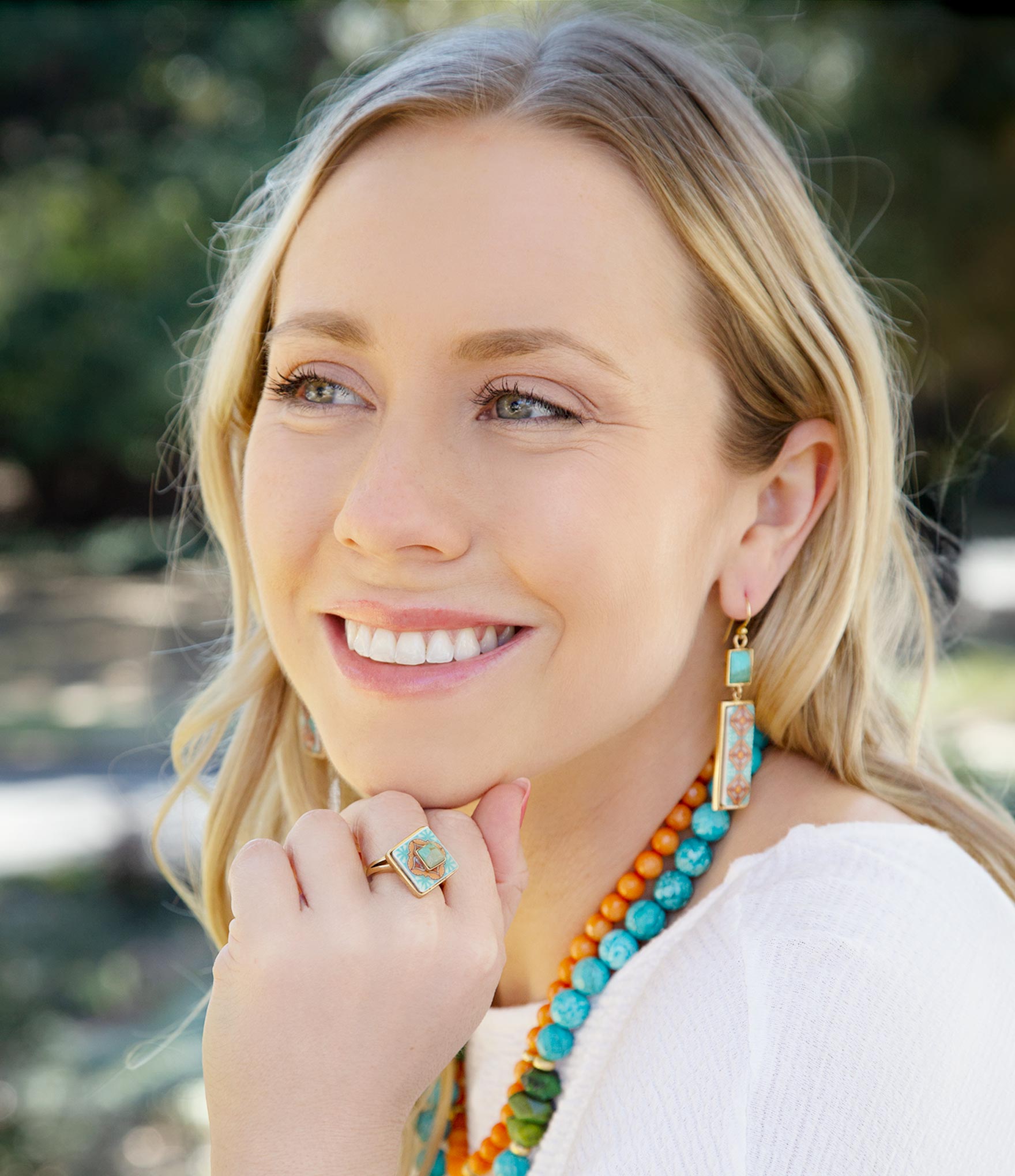 Talavera Tile and Blue Turquoise Golden Dangle Earrings detail view by Barse Jewelry