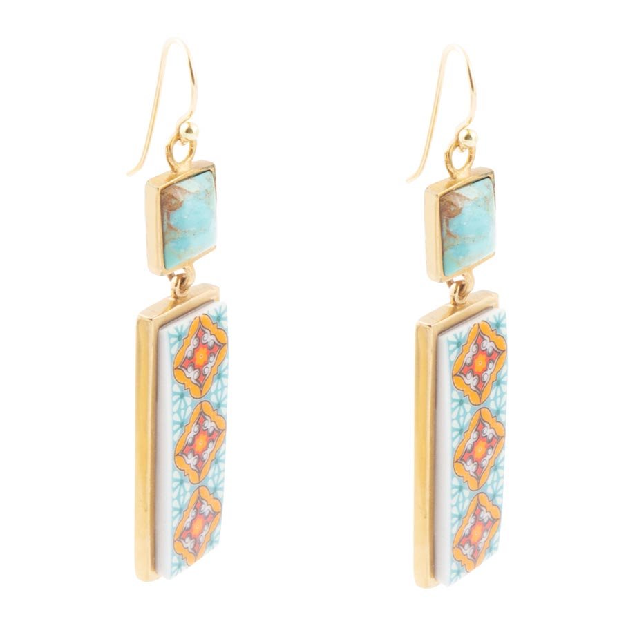 Talavera Tile and Blue Turquoise Golden Dangle Earrings detail view by Barse Jewelry