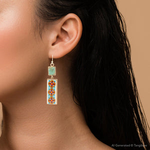 Talavera Tile and Blue Turquoise Golden Dangle Earrings detail view by Barse Jewelry