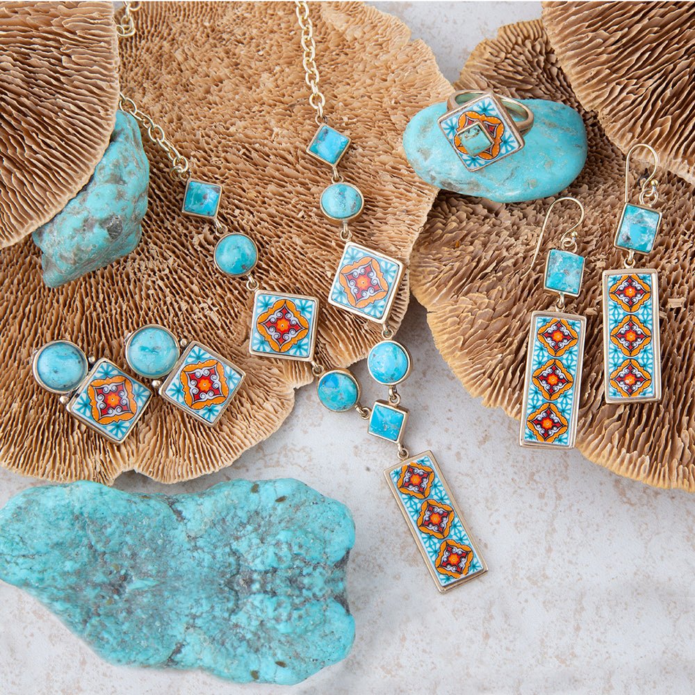Talavera Tile and Blue Turquoise Golden Dangle Earrings detail view by Barse Jewelry