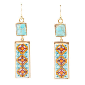 Talavera Tile and Blue Turquoise Golden Dangle Earrings by Barse Jewelry