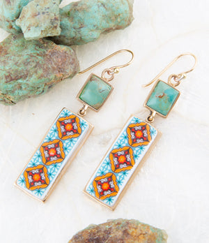 Talavera Tile and Blue Turquoise Golden Dangle Earrings detail view by Barse Jewelry