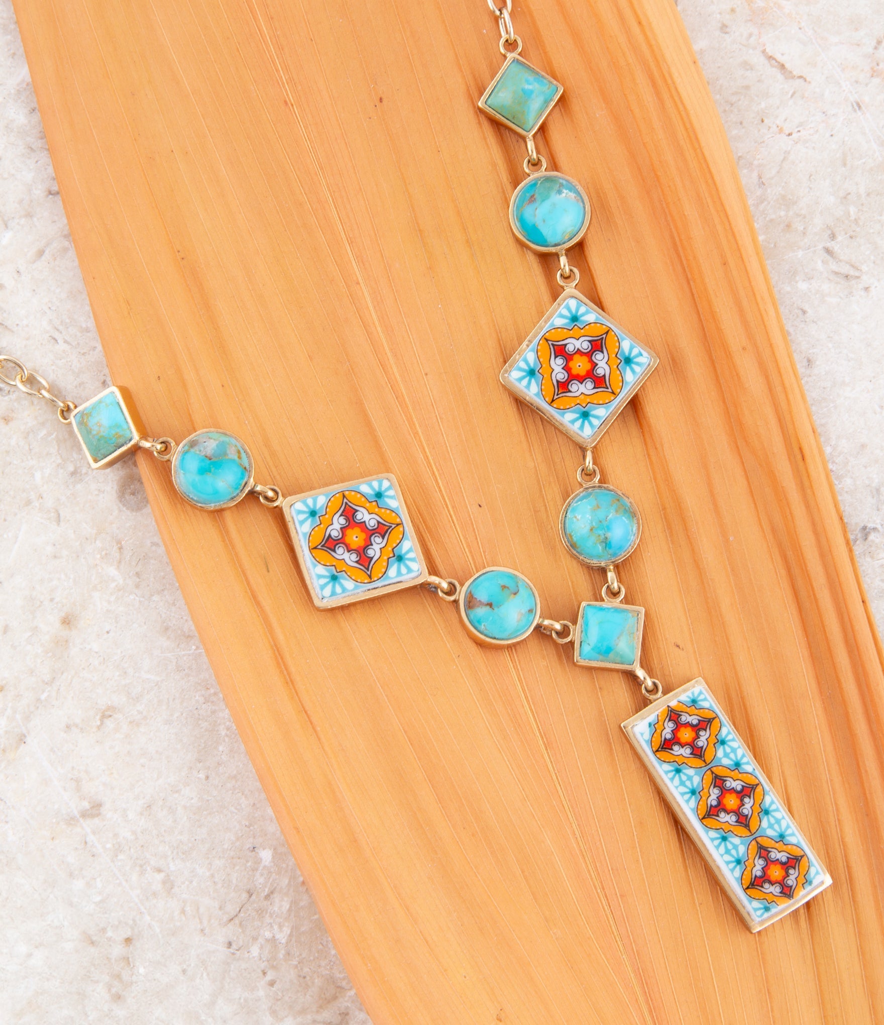 Talavera Tile and Blue Turquoise Golden Y-Neck Necklace detail view by Barse Jewelry