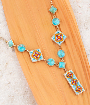 Talavera Tile and Blue Turquoise Golden Y-Neck Necklace detail view by Barse Jewelry
