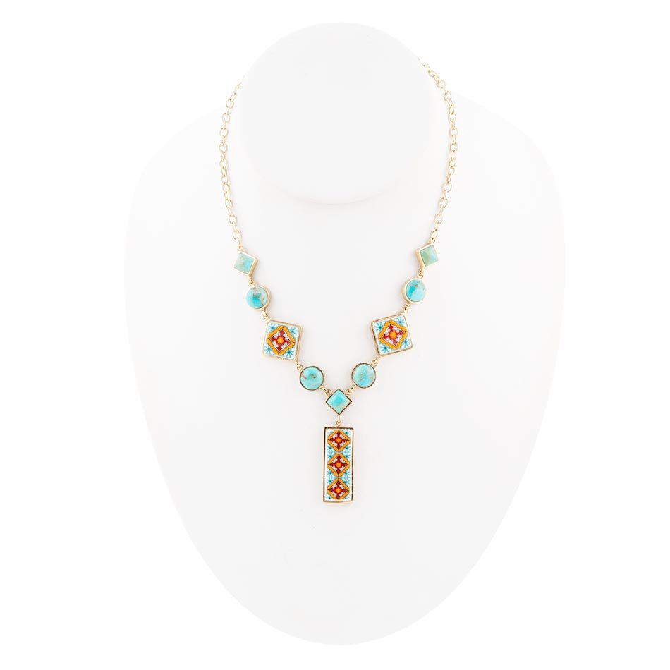 Talavera Tile and Blue Turquoise Golden Y-Neck Necklace detail view by Barse Jewelry