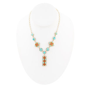 Talavera Tile and Blue Turquoise Golden Y-Neck Necklace detail view by Barse Jewelry