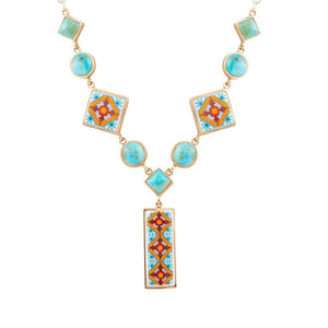 Talavera Tile and Blue Turquoise Golden Y-Neck Necklace by Barse Jewelry