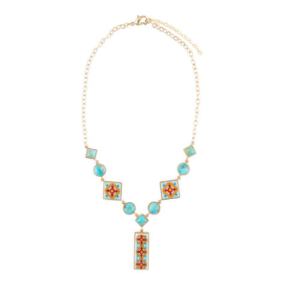 Talavera Tile and Blue Turquoise Golden Y-Neck Necklace detail view by Barse Jewelry