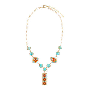 Talavera Tile and Blue Turquoise Golden Y-Neck Necklace detail view by Barse Jewelry