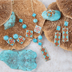Talavera Tile and Blue Turquoise Golden Y-Neck Necklace detail view by Barse Jewelry