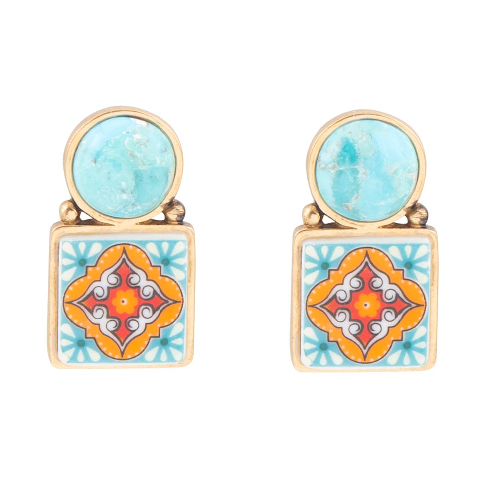 Talavera Tile Blue Turquoise Golden Drop Earrings by Barse Jewelry
